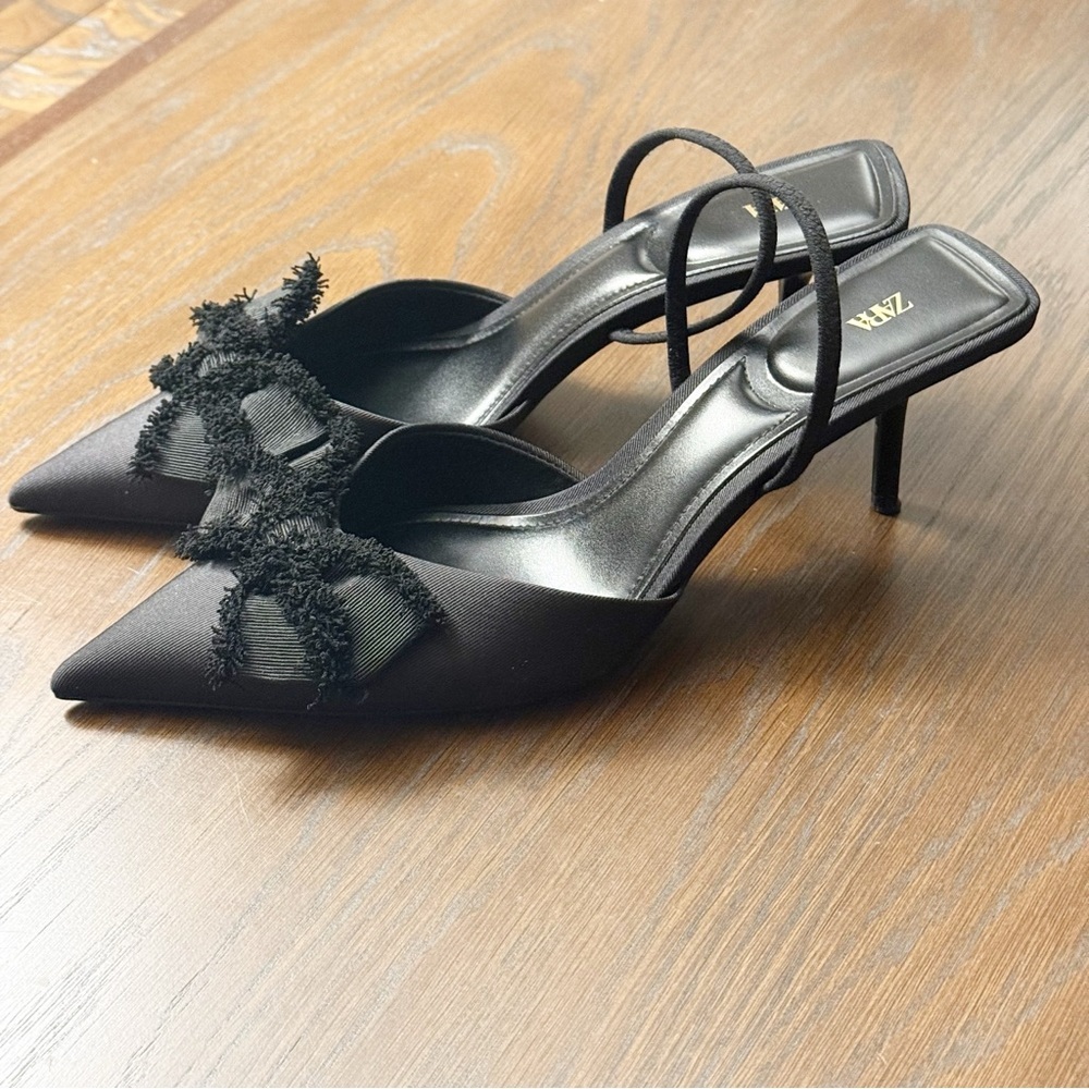 ZARA Black Slingback Pointed Toe Heels w/ Bow Detail | 2.8” Heel size 41 - Picture 9 of 12